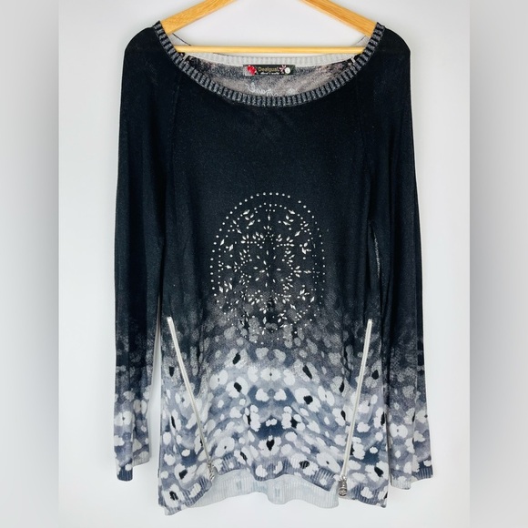 Desigual Sweaters - Desigual Long Black Gray Sweater With Zippers And Studs